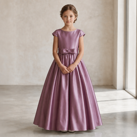 A young girl stands in a bright indoor room wearing a formal ball gown. The dress is a dusty mauve-purple satin with short cap sleeves, a boat neckline, a matching satin waistband with a bow, and a full A-line skirt.