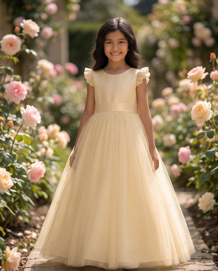 A young girl stands in a garden wearing a cream-colored tulle dress with ruffled cap sleeves and a full skirt. The background is filled with blooming pink and white roses.