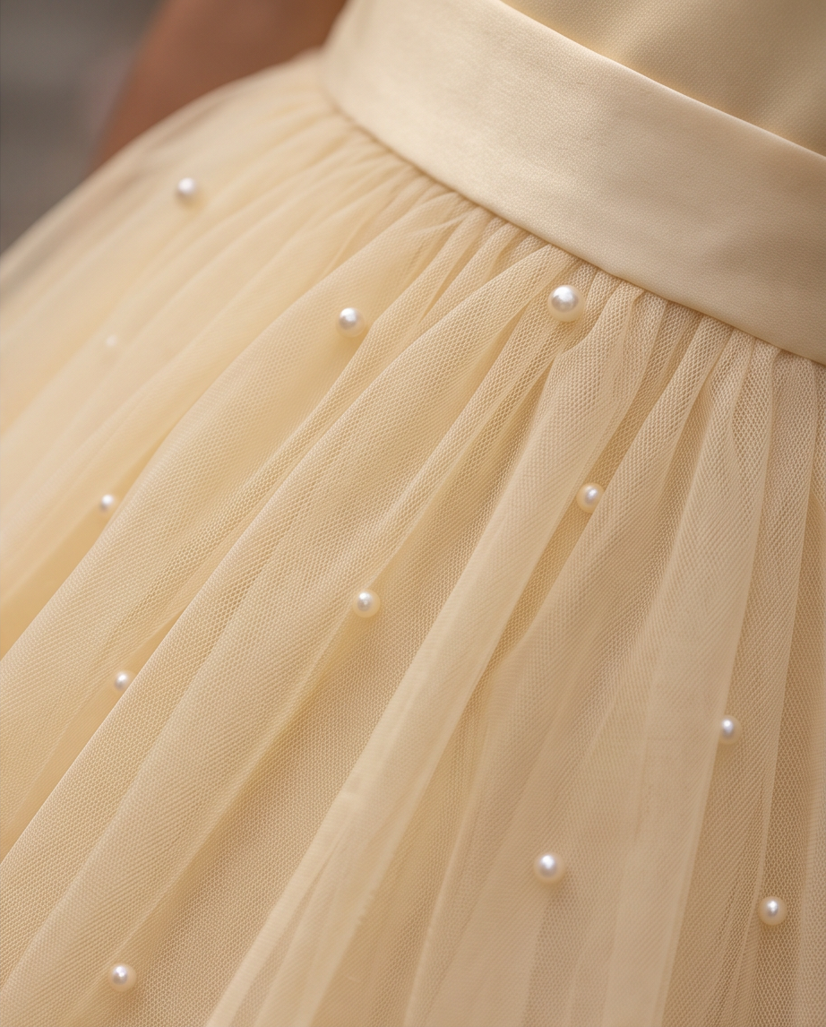 Close-up of a cream or pale beige tulle skirt with a wide matching waistband and scattered small pearl embellishments.