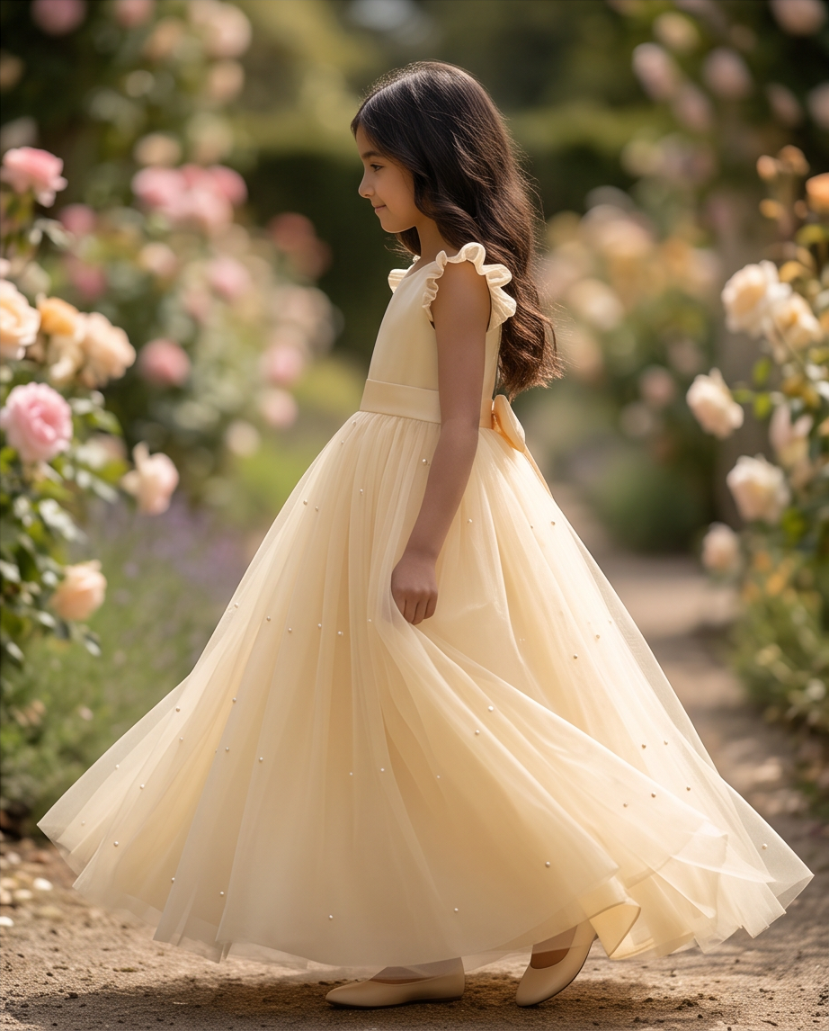 A young girl wearing a pale yellow tulle dress with ruffled shoulder straps and small bead details, standing in a garden path surrounded by pink flowers.