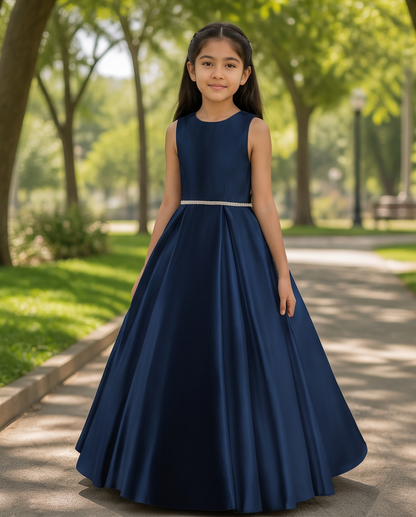 A young girl stands on a tree-lined path wearing a sleeveless navy blue ball gown with a thin silver waistband.