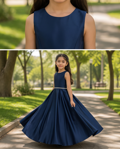 A young girl wearing a sleeveless navy blue formal dress with a fitted bodice and a full flared skirt, standing in a sunlit park on a paved path. The top panel is a close-up of the dress bodice, and the bottom panel shows the full outfit in context.
