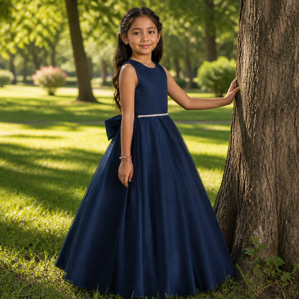 A young girl stands outdoors next to a tree wearing a sleeveless navy blue ball gown with a wide waistband and a large bow at the back of the skirt.