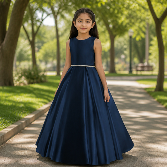 A young girl stands on a tree-lined path wearing a sleeveless navy blue ball gown with a thin silver embellished waistband.