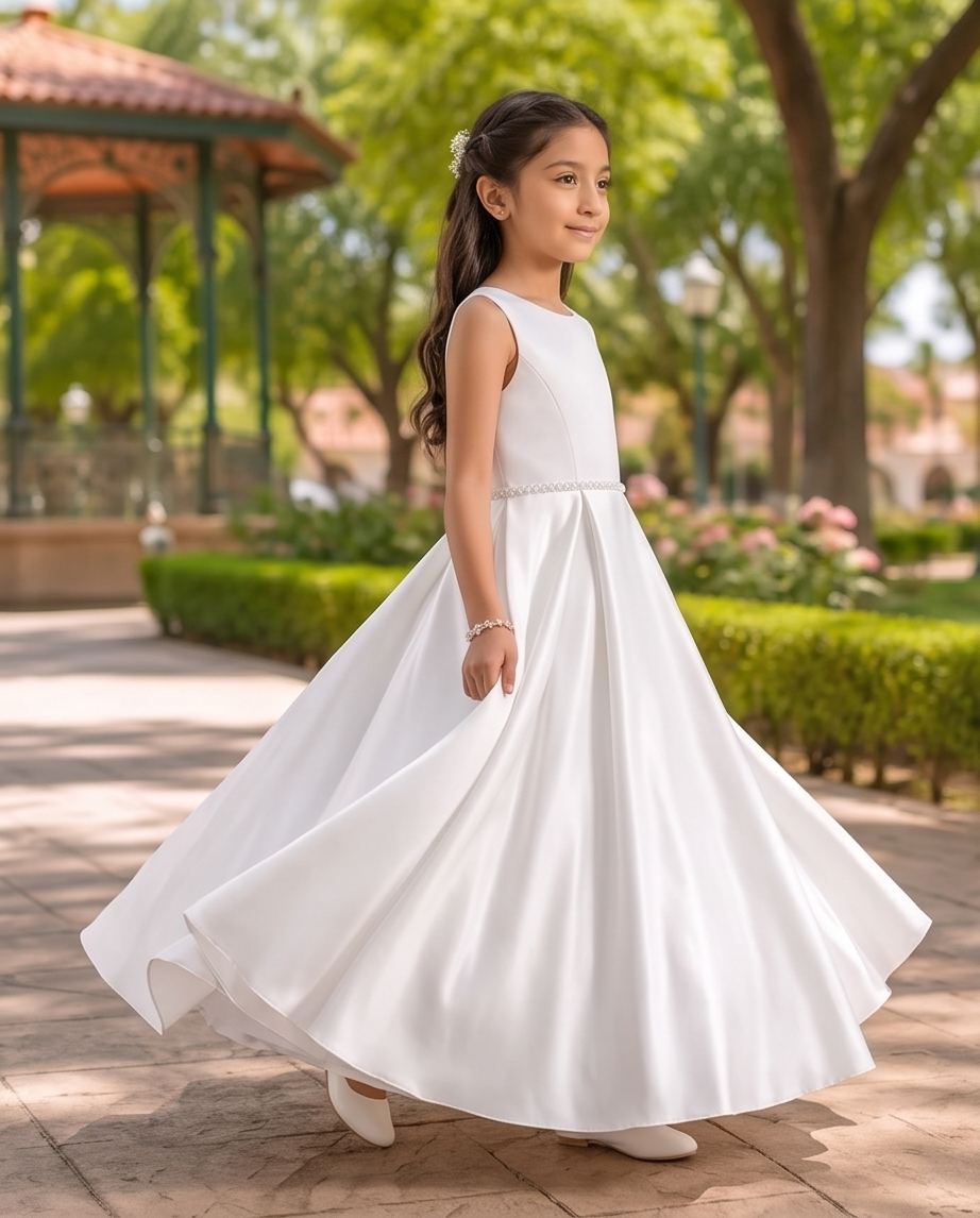 A young girl wearing a sleeveless white A-line flower girl dress with a fitted bodice and full skirt, standing in a sunlit garden courtyard with trees and a gazebo in the background.