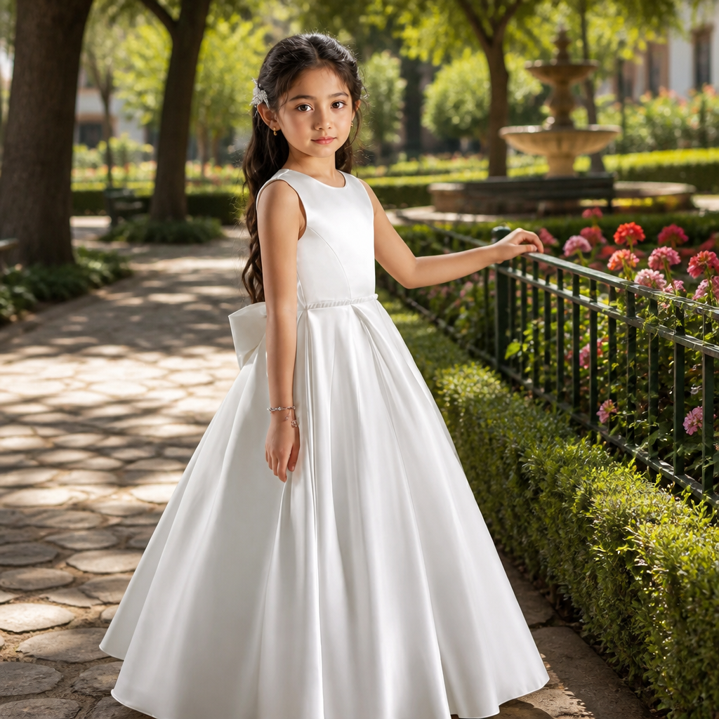 A young girl stands in a sunlit garden wearing a sleeveless white formal dress with a fitted bodice, full skirt, and a large bow at the back. She is posed beside a flower fence with trees and a fountain in the background.