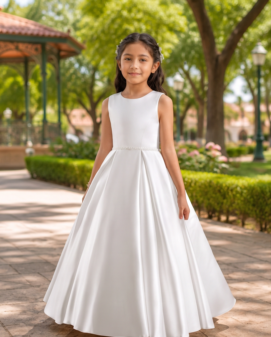 A young girl stands in a park wearing a sleeveless white ball gown with a fitted bodice and a full skirt.