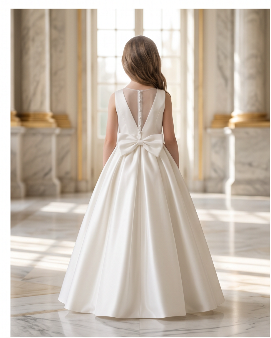 A young girl viewed from behind wearing a sleeveless ivory ball gown with a large bow at the back waist and a lace-up open back, standing in a grand marble hall with columns.
