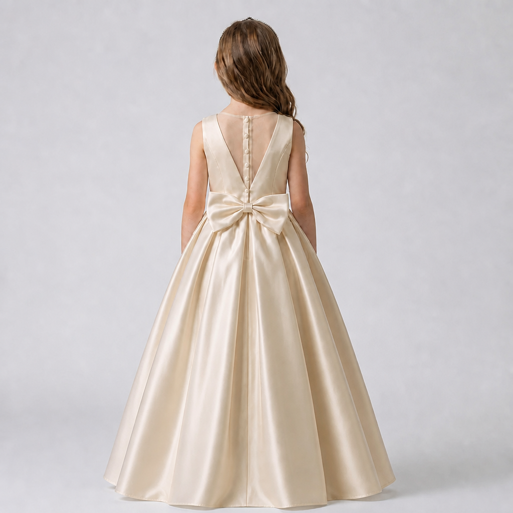 A young girl viewed from behind wearing a sleeveless champagne satin dress with a deep V-back, lace-up back detail, and a large bow at the waist, set against a light gray studio background.