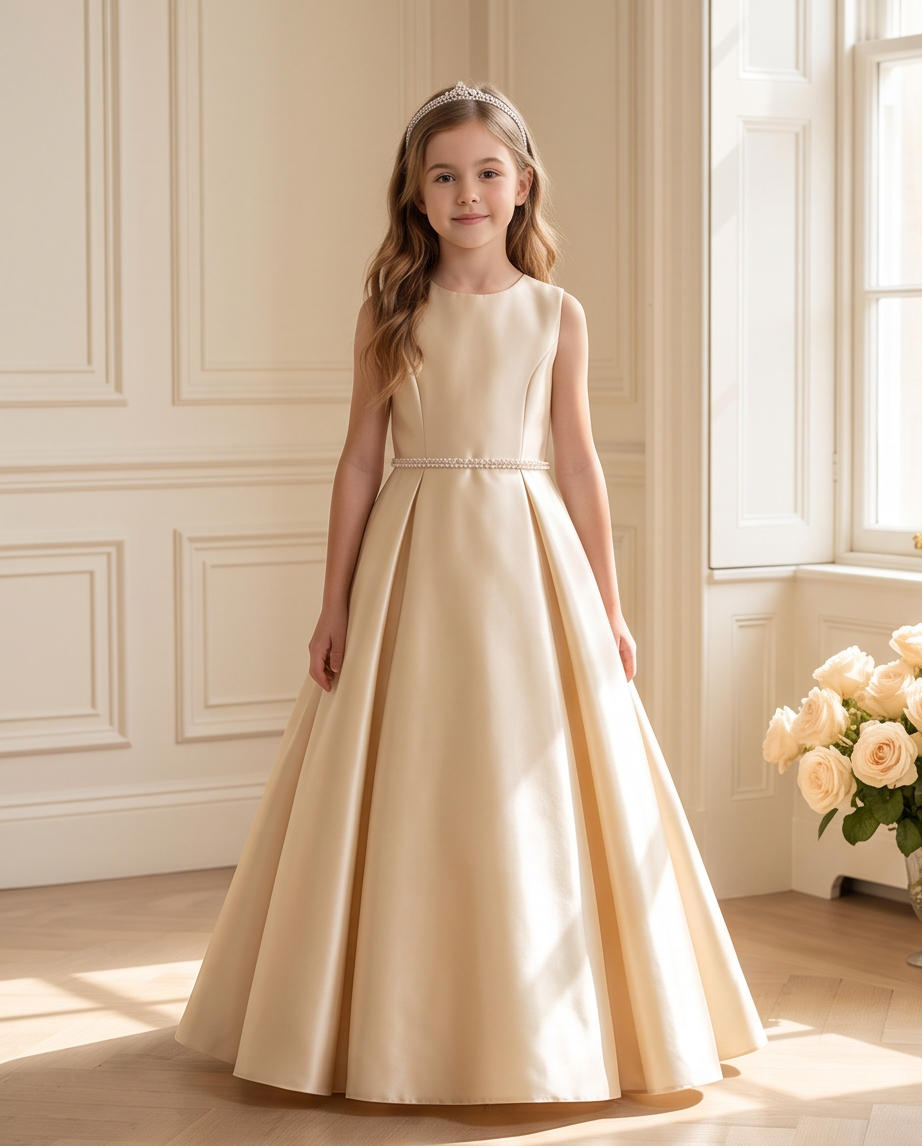 A young girl stands in a sunlit room wearing a sleeveless cream satin ball gown with a fitted waist and full skirt. The room has cream paneled walls, a light wood floor, and a bouquet of pale roses near the window.