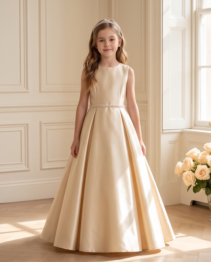 A young girl stands in a sunlit room wearing a sleeveless cream satin ball gown with a fitted waist and full skirt. The room has cream paneled walls, a light wood floor, and a bouquet of pale roses near the window.