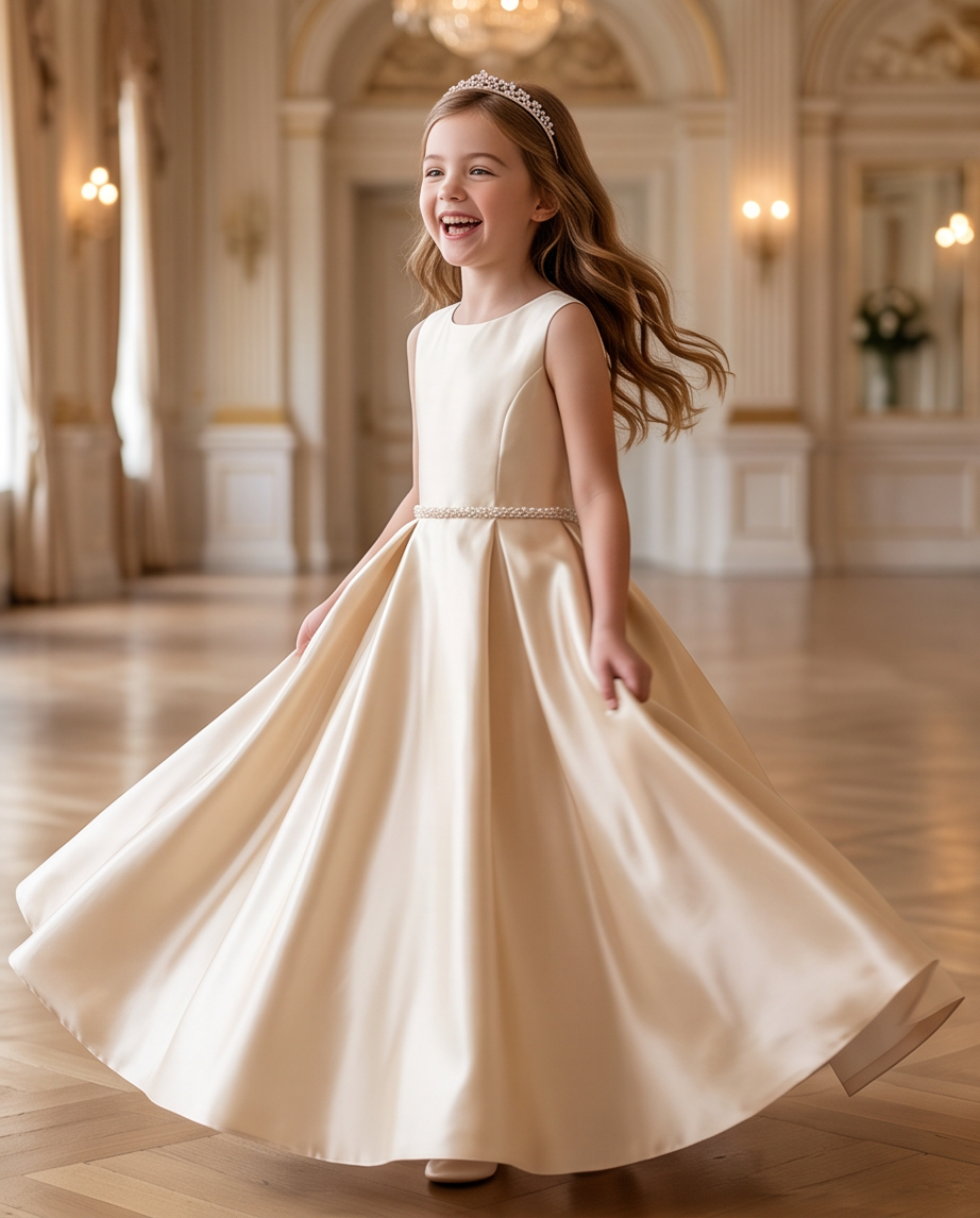 A young girl with long wavy brown hair wearing a sleeveless champagne satin ball gown and a tiara, smiling as she twirls in a grand, elegant hall with a wooden floor.
