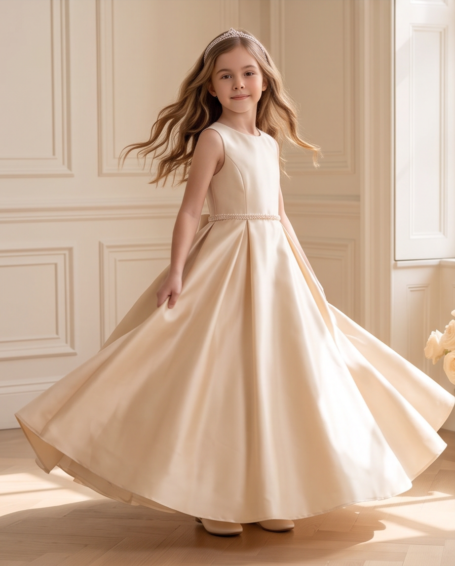 A young girl with long wavy light brown hair wearing a sleeveless champagne beige satin first communion dress, twirling in a brightly lit room with cream paneled walls.