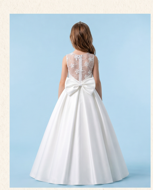 A young girl viewed from behind wearing a white sleeveless ball gown with a sheer lace back, floral embroidery, and a large bow at the waist, standing against a light blue studio background.