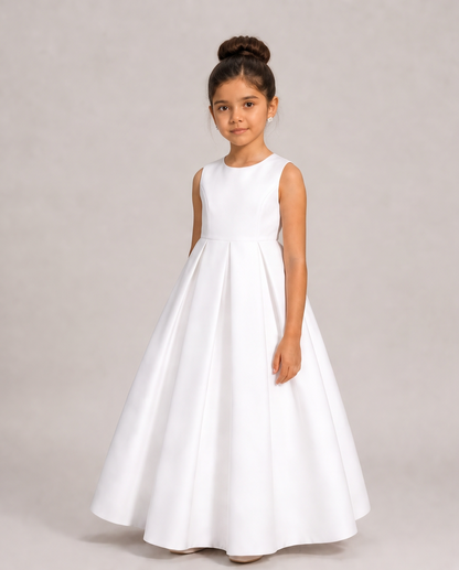 A young girl with her hair in a bun stands wearing a sleeveless white A-line dress against a neutral gray studio background.