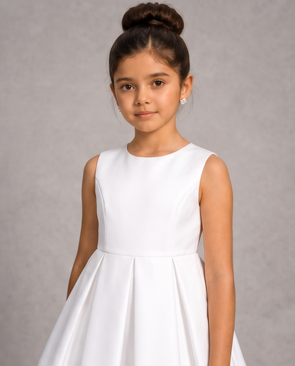 A young girl with her hair in a high bun wears a sleeveless white dress with a fitted bodice and flared skirt, standing against a neutral gray studio background.