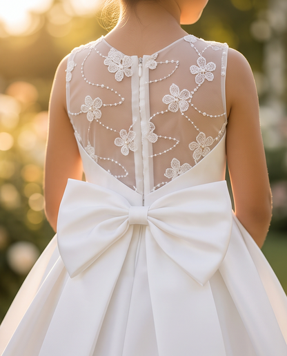 Back view of a child wearing a white sleeveless dress with a large bow at the waist, sheer floral lace back panels, and beadwork, photographed outdoors in warm sunlight.