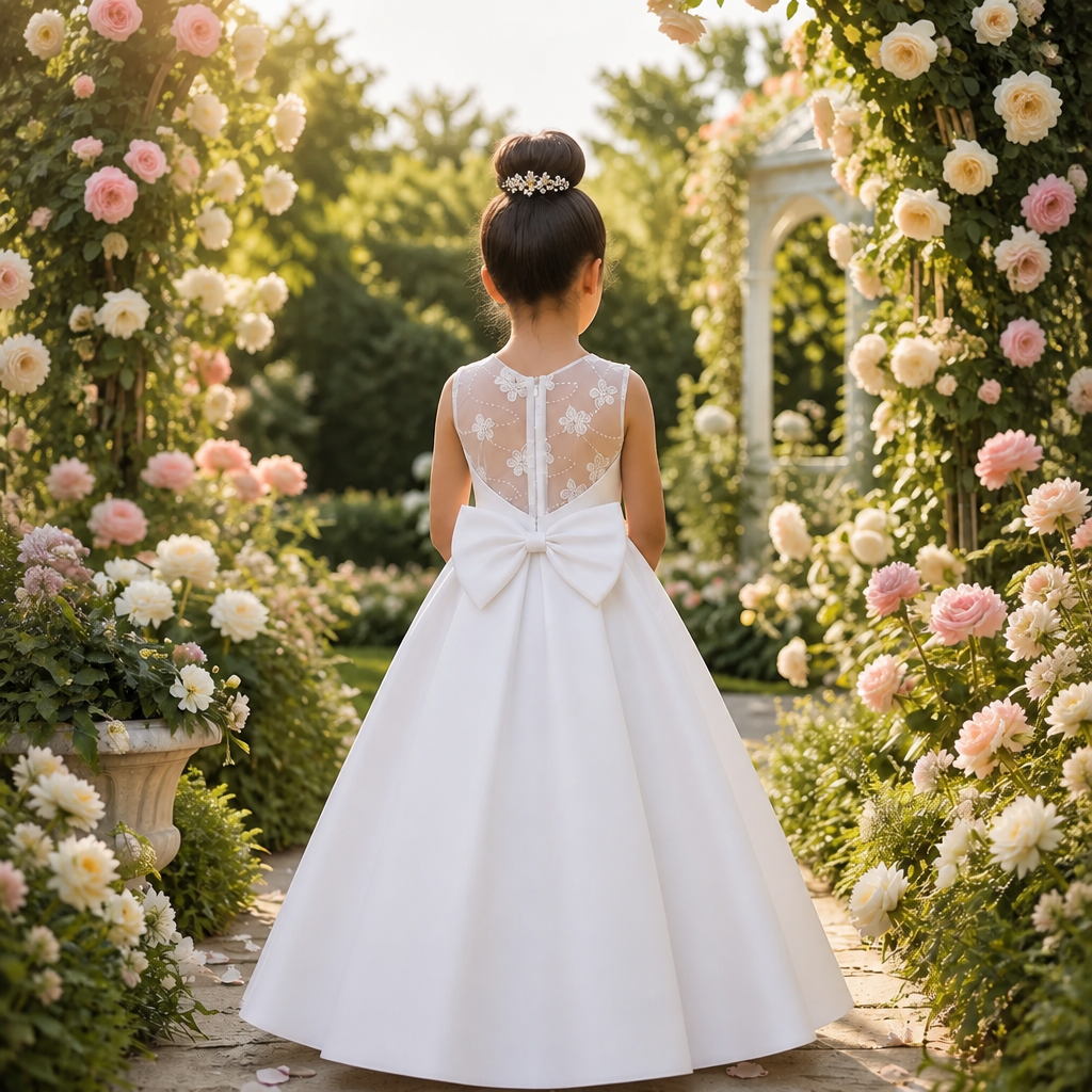 A young girl viewed from behind wearing a white sleeveless ball gown with a lace back and a large bow at the waist, standing in a sunlit garden path lined with pink and white flowers.