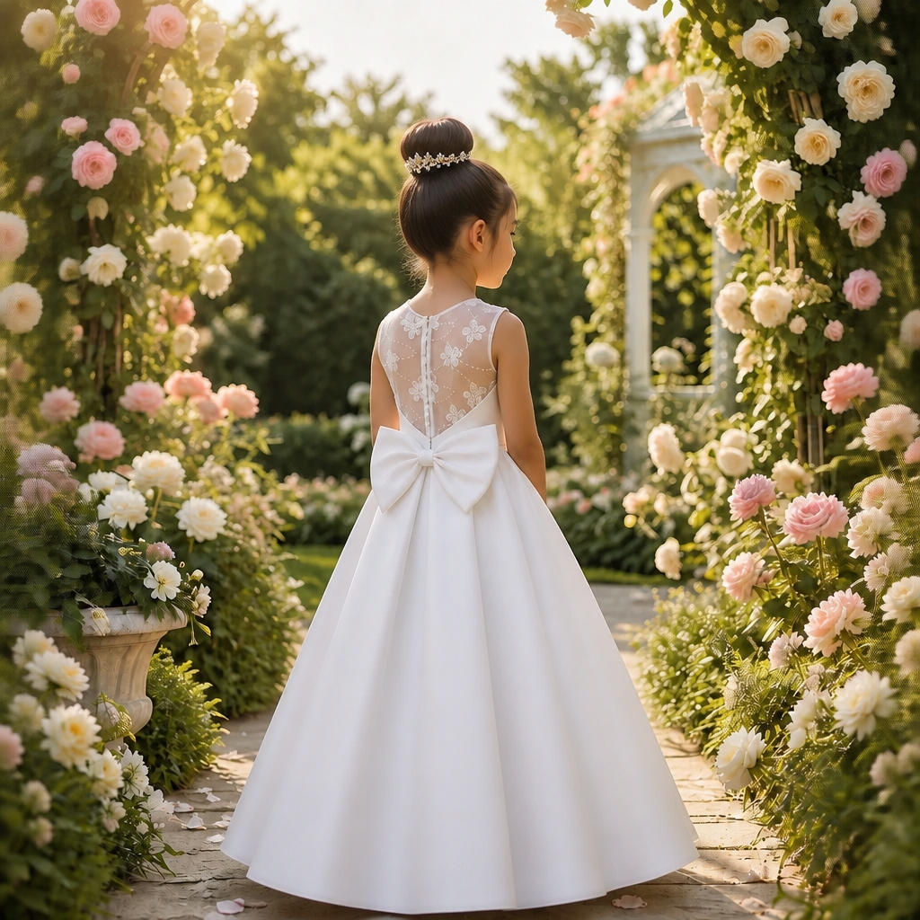 A young girl stands with her back to the camera in a white sleeveless ball gown with a large bow at the back, photographed outdoors in a sunlit garden path lined with pink and white flowers.
