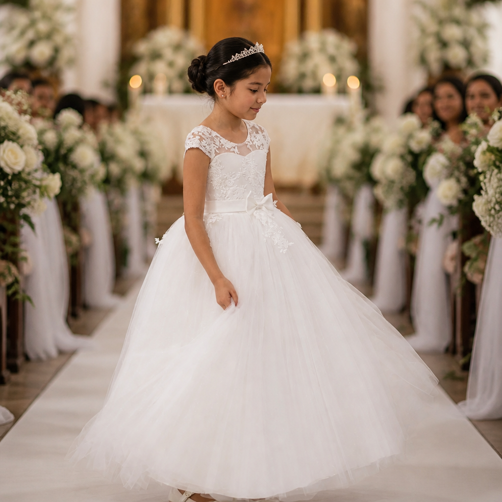 A young girl wearing a white lace and tulle flower girl dress walks down a church aisle with floral arrangements on both sides.