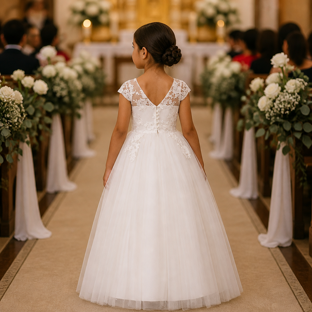 A young girl viewed from behind wearing a white lace and tulle first communion dress in a church aisle, with flowers and seated guests blurred in the background.