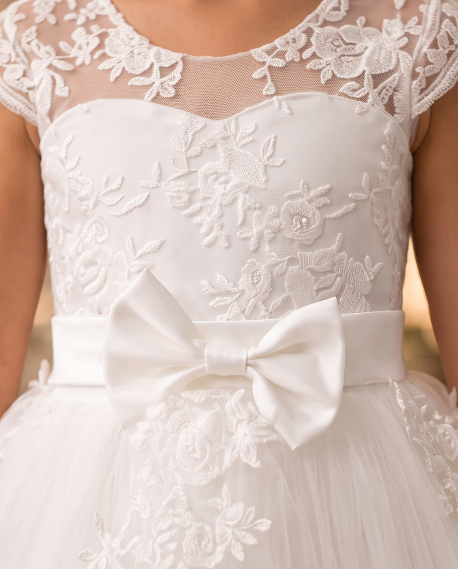 Close-up of a white floral lace dress with a large satin bow at the waist, sheer lace bodice, and tulle skirt.