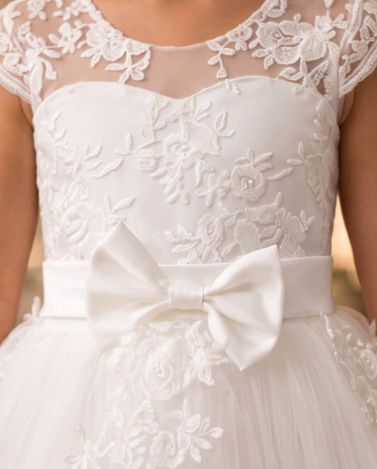 Close-up of a white floral lace dress with a large satin bow at the waist, sheer lace bodice, and tulle skirt.