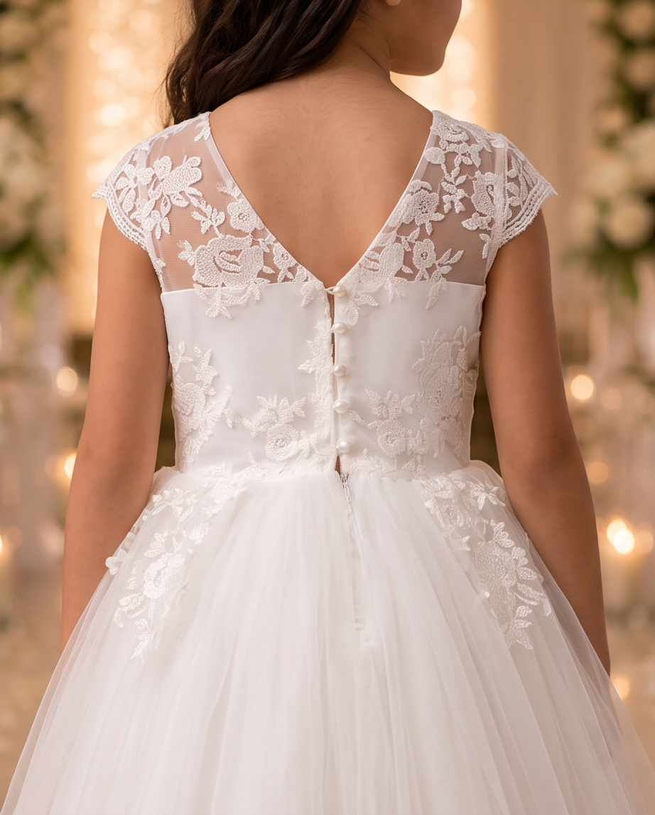 A white bridal or formal dress shown from the back, featuring a lace cap sleeves, sheer mesh back panels, a lace-trimmed V back, and a layered tulle skirt, worn by a model in a softly blurred indoor setting with warm lights.