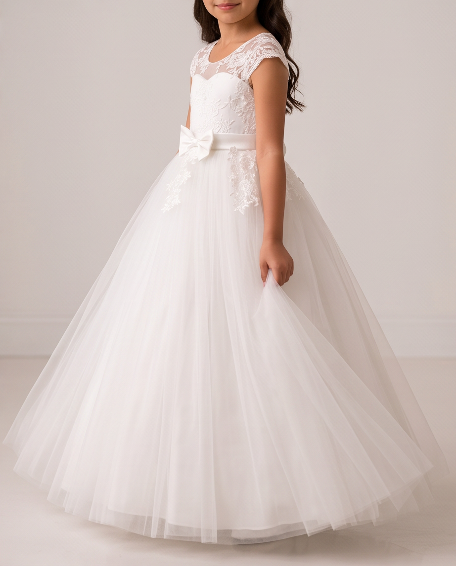 A young girl wearing a white ballgown flower girl dress with a lace bodice, sheer cap sleeves, a large bow at the waist, and a full tulle skirt, standing against a neutral studio background.