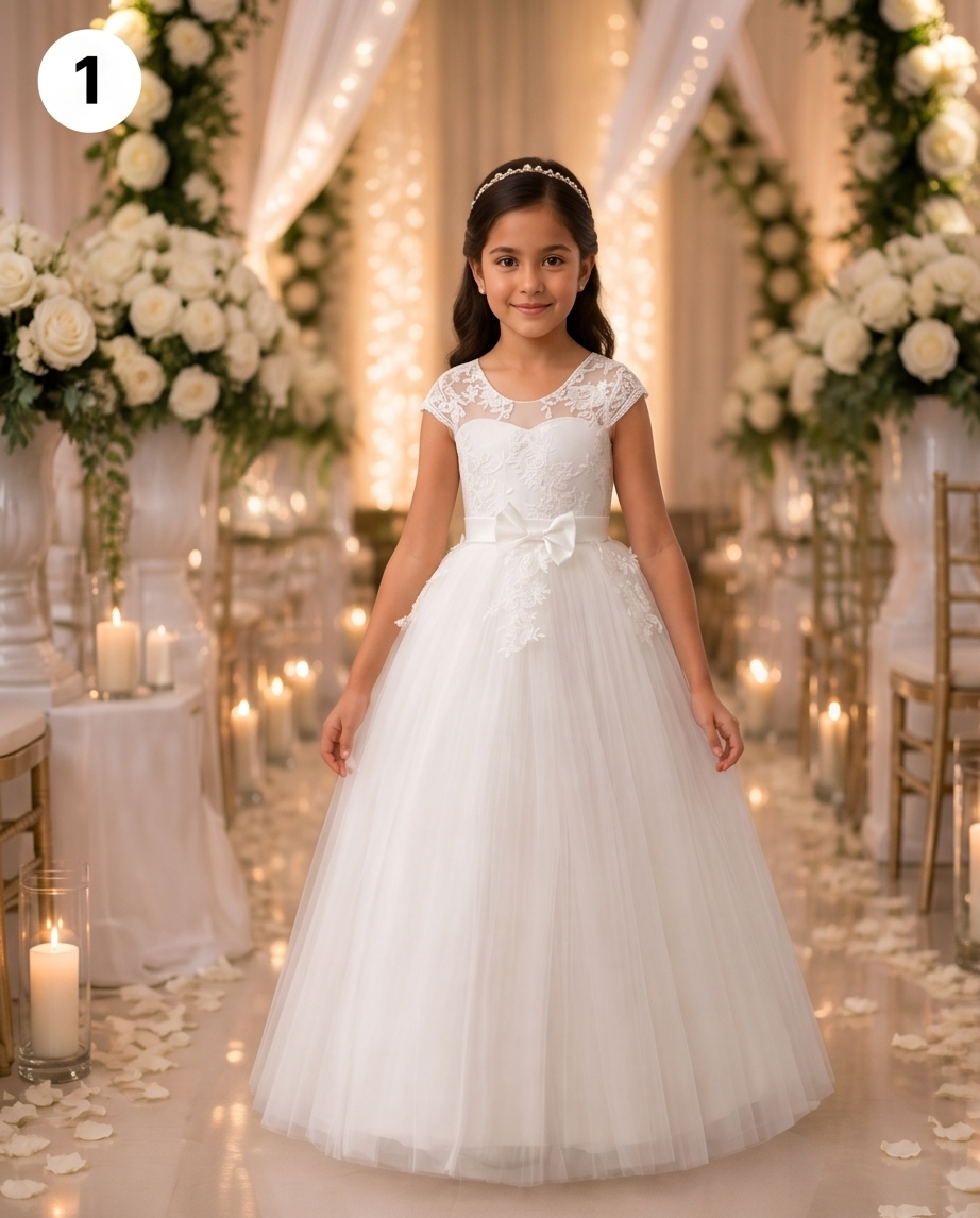 A young girl stands in a decorated event hall wearing a white ball gown with lace cap sleeves, a fitted bodice, and a full tulle skirt. The scene has draped cream fabric, string lights, white floral arrangements, candles, and scattered petals on the floor.