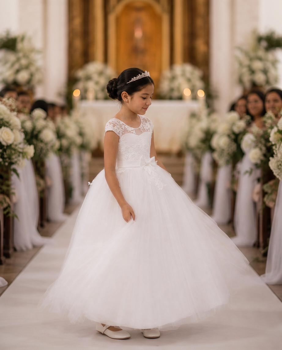 A young girl stands on a church aisle wearing a white lace and tulle flower girl dress with a tiara, surrounded by rows of seated guests and floral arrangements.