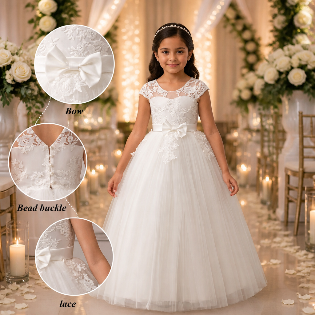 A young girl stands in a decorated event hall wearing a white lace and tulle ball gown. Three circular inset callouts on the left highlight dress details: a bow, the beaded back neckline, and lace texture.