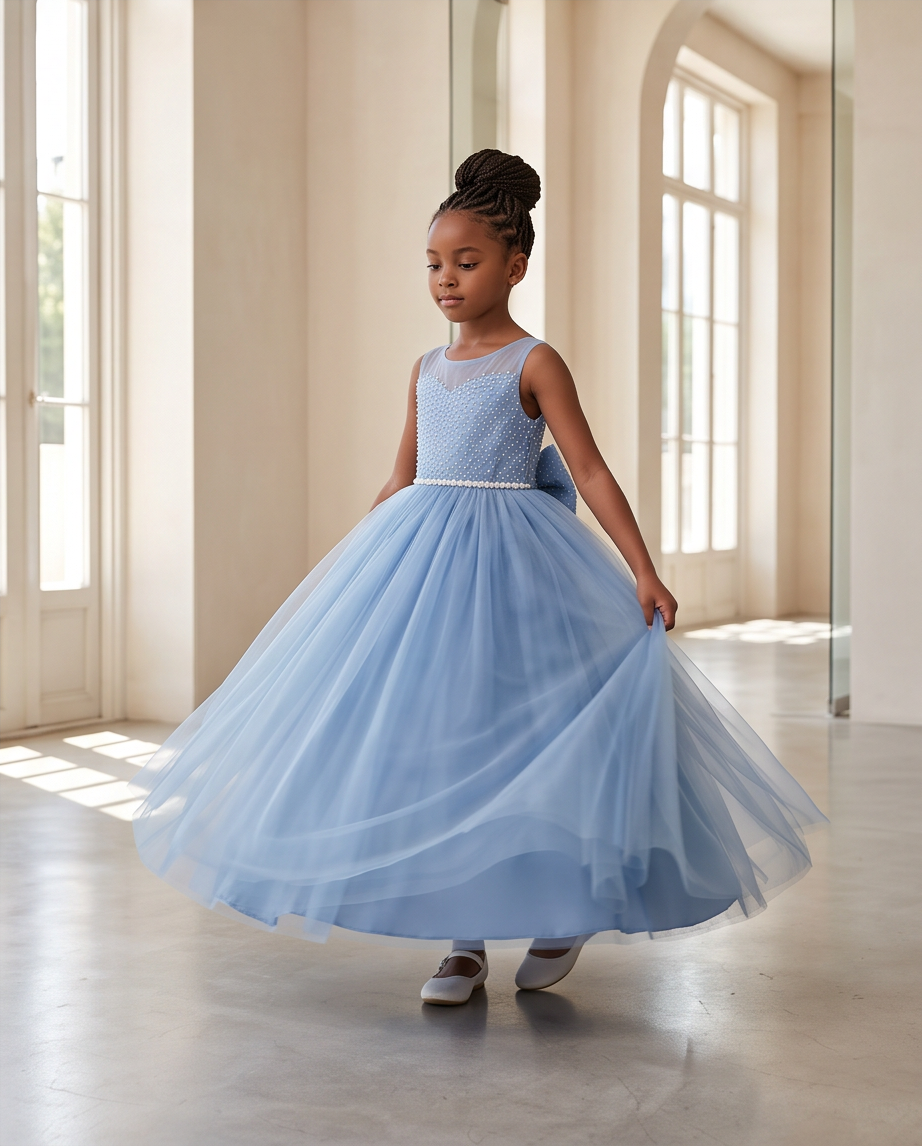 A young girl with her hair in a bun models a light blue sleeveless tulle dress with a beaded bodice in a bright, sunlit indoor hallway.
