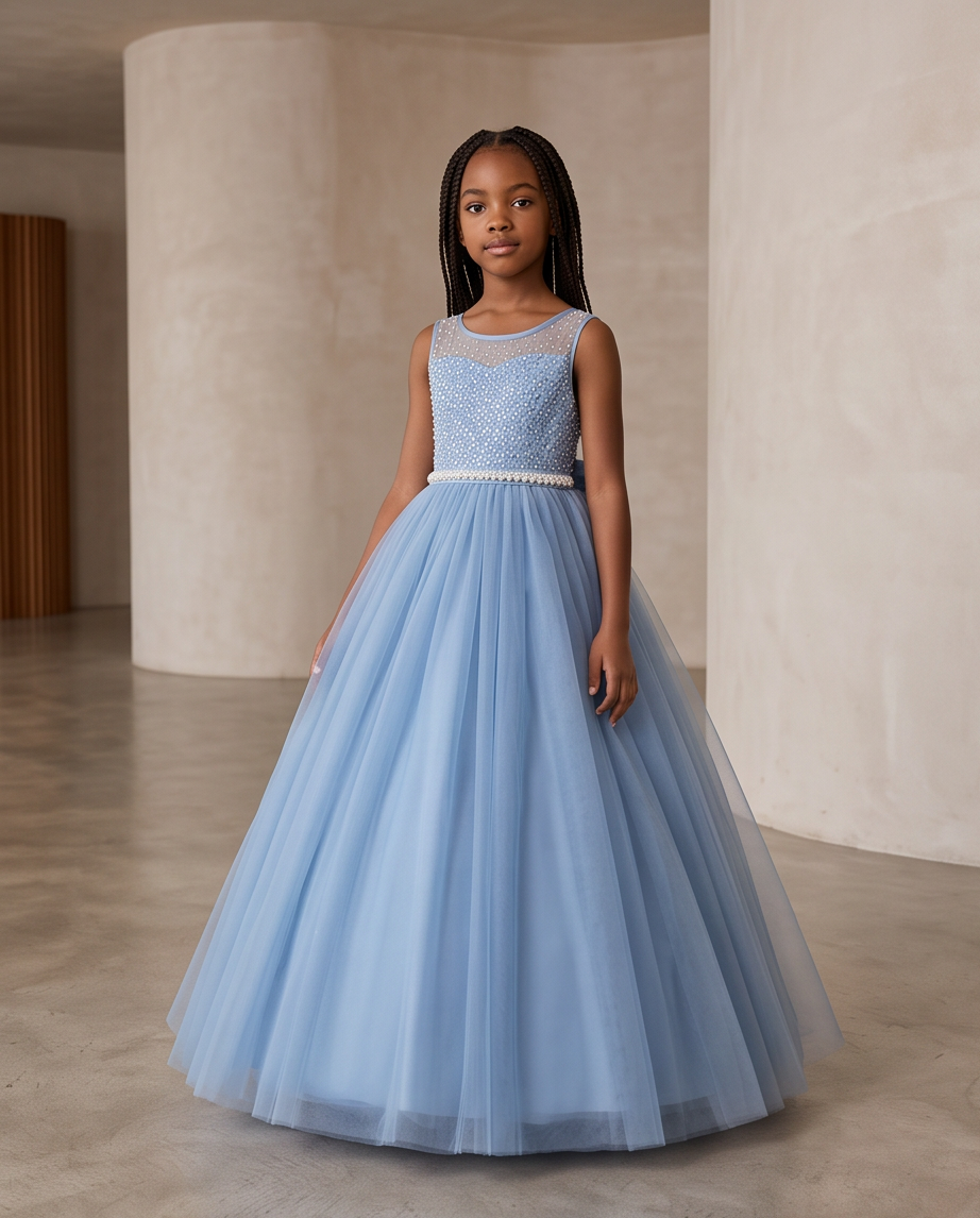 A young girl stands in a grand, elegant hall wearing a light blue sleeveless ball gown with a beaded bodice, a pearl-like waistband, and a voluminous tulle skirt.