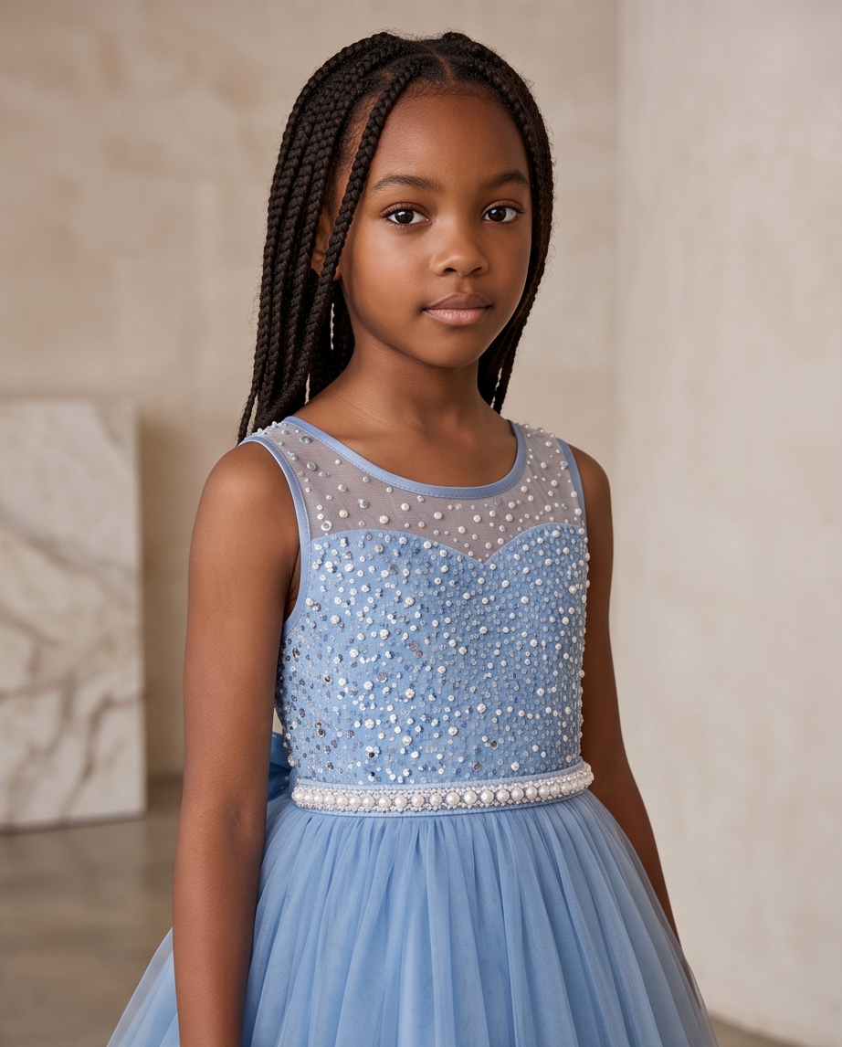 A young girl with dark braided hair wearing a sleeveless light blue formal dress with a beaded bodice and a tulle skirt, standing against a softly lit beige wall.