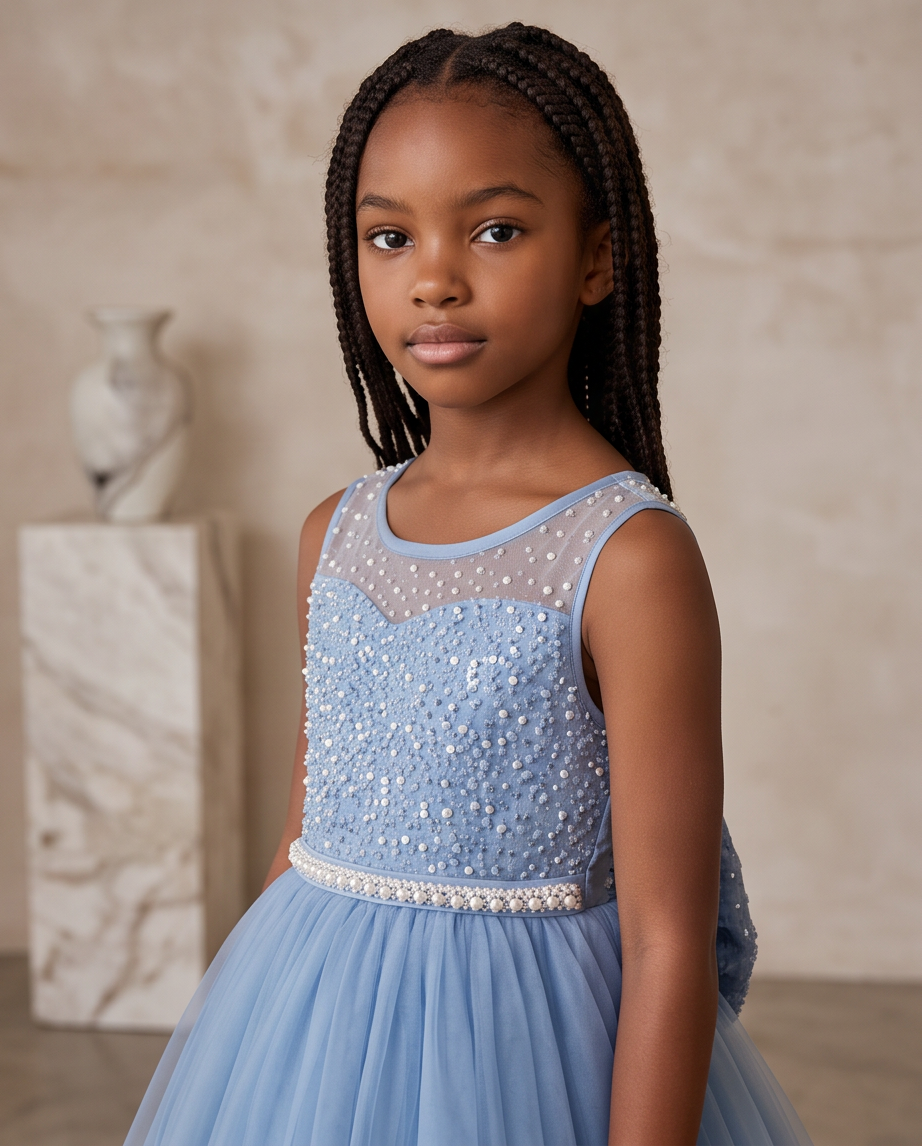 A young girl with dark braided hair wearing a sleeveless light blue tulle dress with a sheer mesh bodice, silver sequin embellishments, and a beaded waistband, standing in a studio setting.
