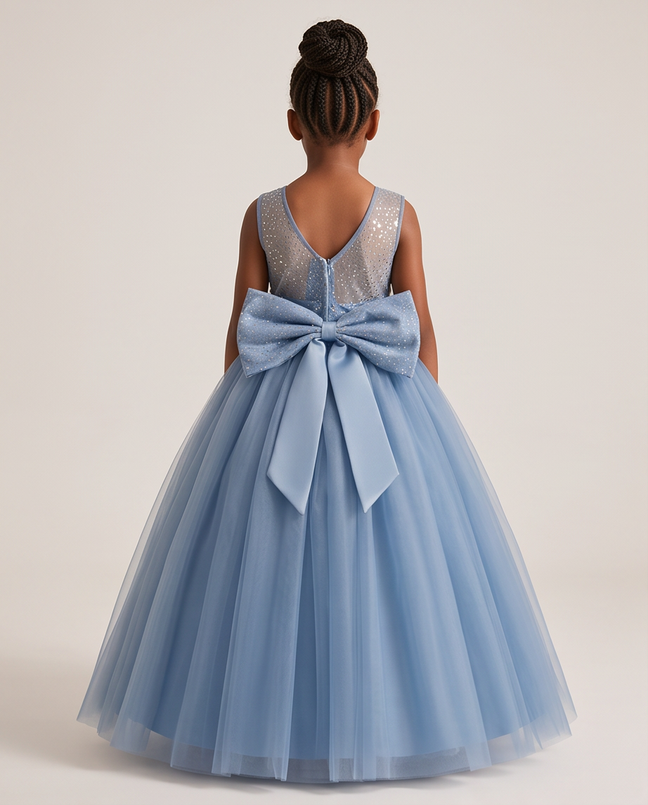 A young girl viewed from behind wearing a sleeveless light blue tulle ball gown with a large bow at the back and a sparkly silver sequined V-neck bodice, photographed against a plain light beige studio background.