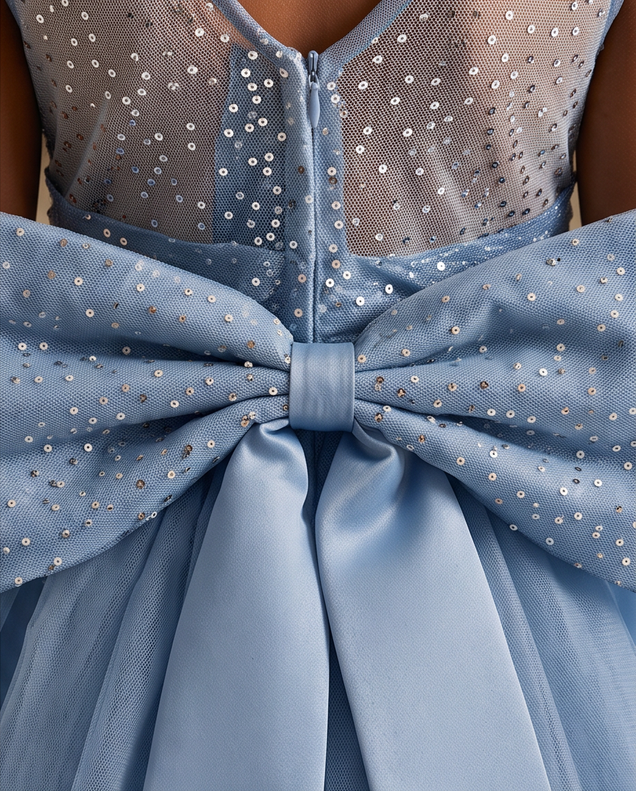Close-up of a light blue formal dress with a large bow at the waist, sequined mesh bodice, and sheer upper section.