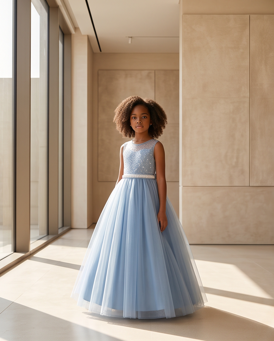 A young girl with curly hair stands in a sunlit indoor hallway wearing a sleeveless light blue tulle ball gown with a beaded bodice and a white waistband.