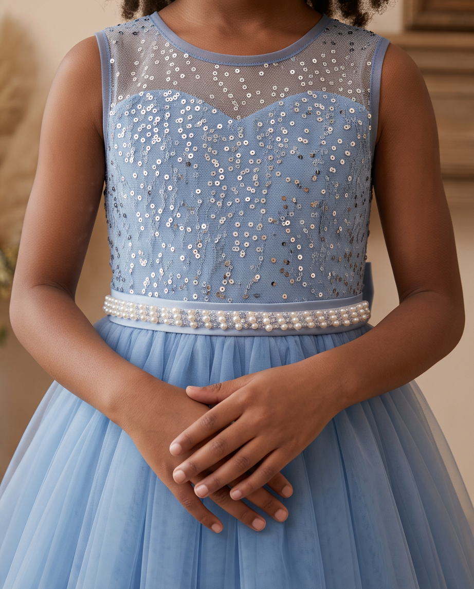 A sleeveless light blue formal dress with a sheer mesh bodice, silver sequin embellishments, a pearl-beaded waistband, and a flowing tulle skirt, shown on a child with hands clasped in front.