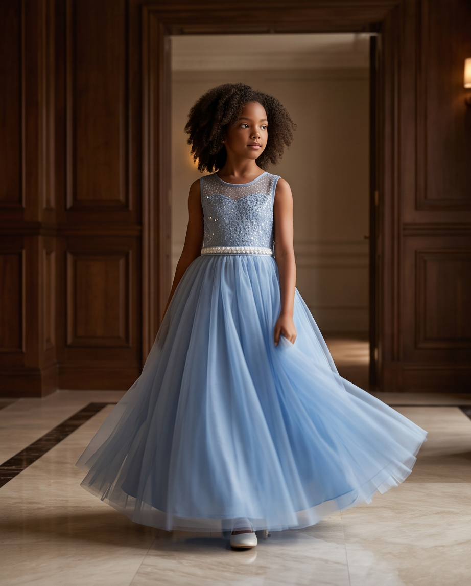 A young girl with curly hair wearing a light blue sleeveless tulle dress with a beaded bodice and a white waistband, standing in a grand hall with dark wood paneling.