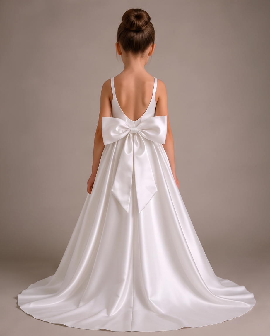A young girl viewed from behind wearing a white satin flower girl dress with a large bow at the back and a train, set against a plain taupe studio background.