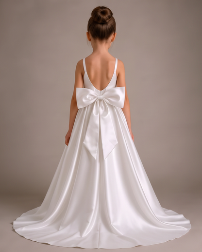 A young girl viewed from behind wearing a white satin flower girl dress with a large bow at the back and a train, set against a plain taupe studio background.
