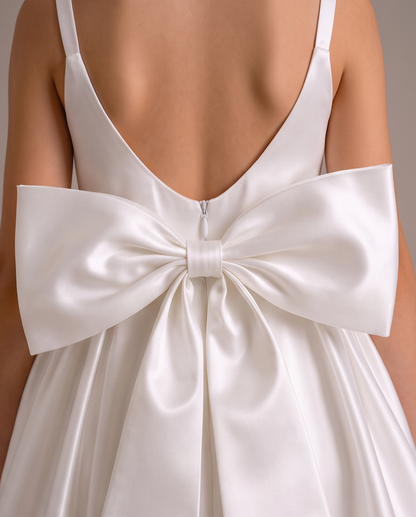 Close-up back view of a white satin dress with thin straps, a deep open back, and a very large bow centered on the back.