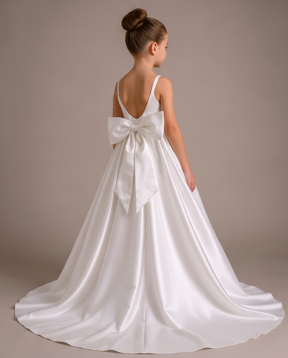 A young girl viewed from the back wearing a white satin ball gown with a large bow at the back, standing against a neutral beige studio background.