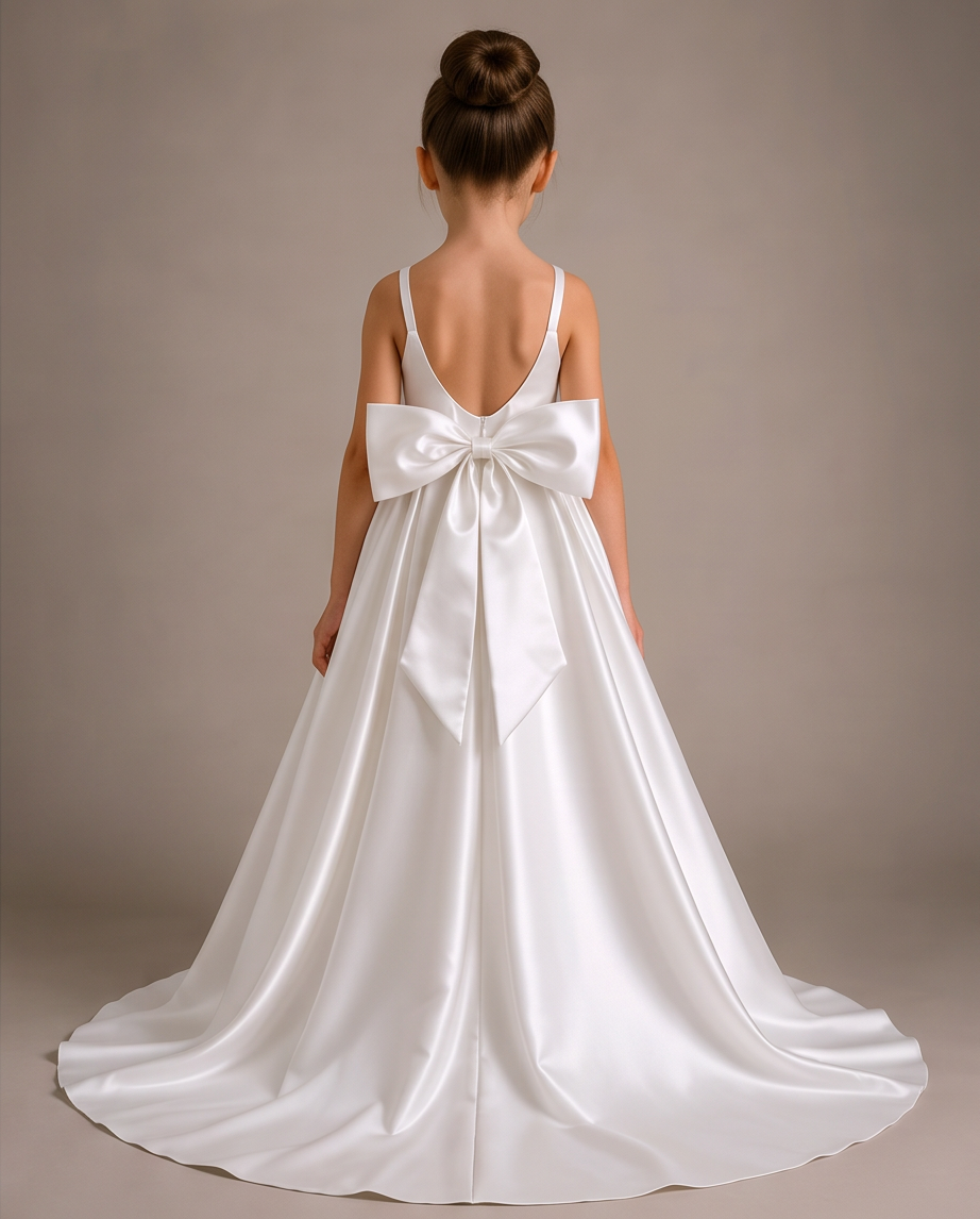 A young girl viewed from behind wearing a white satin ballgown with a large bow at the back, set against a plain taupe studio background.