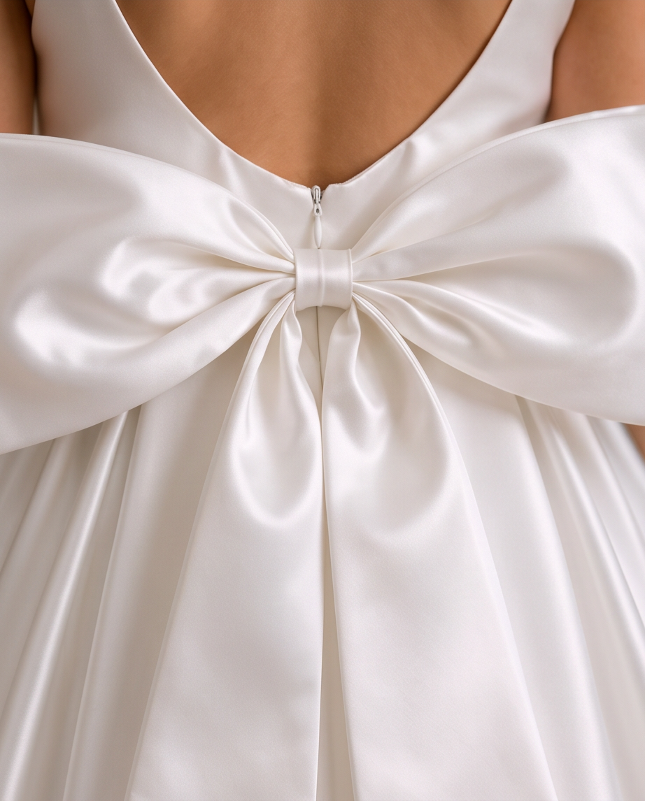 Close-up of the back of a white satin dress with a large bow detail and a zipper closure.