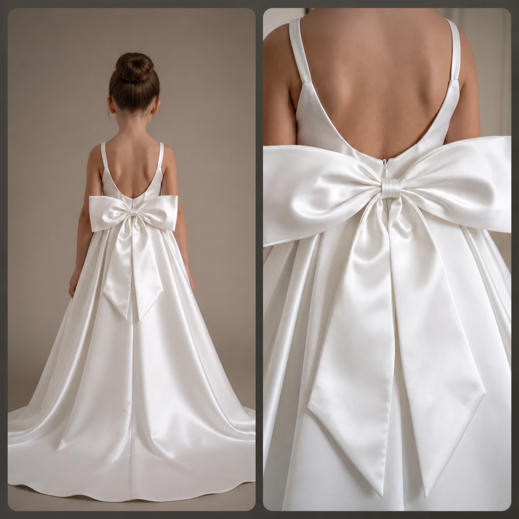 A child's white satin dress shown from the back, featuring a large oversized bow at the waist and thin straps, displayed in a split view with a full-body shot and a close-up detail shot against a neutral studio background.