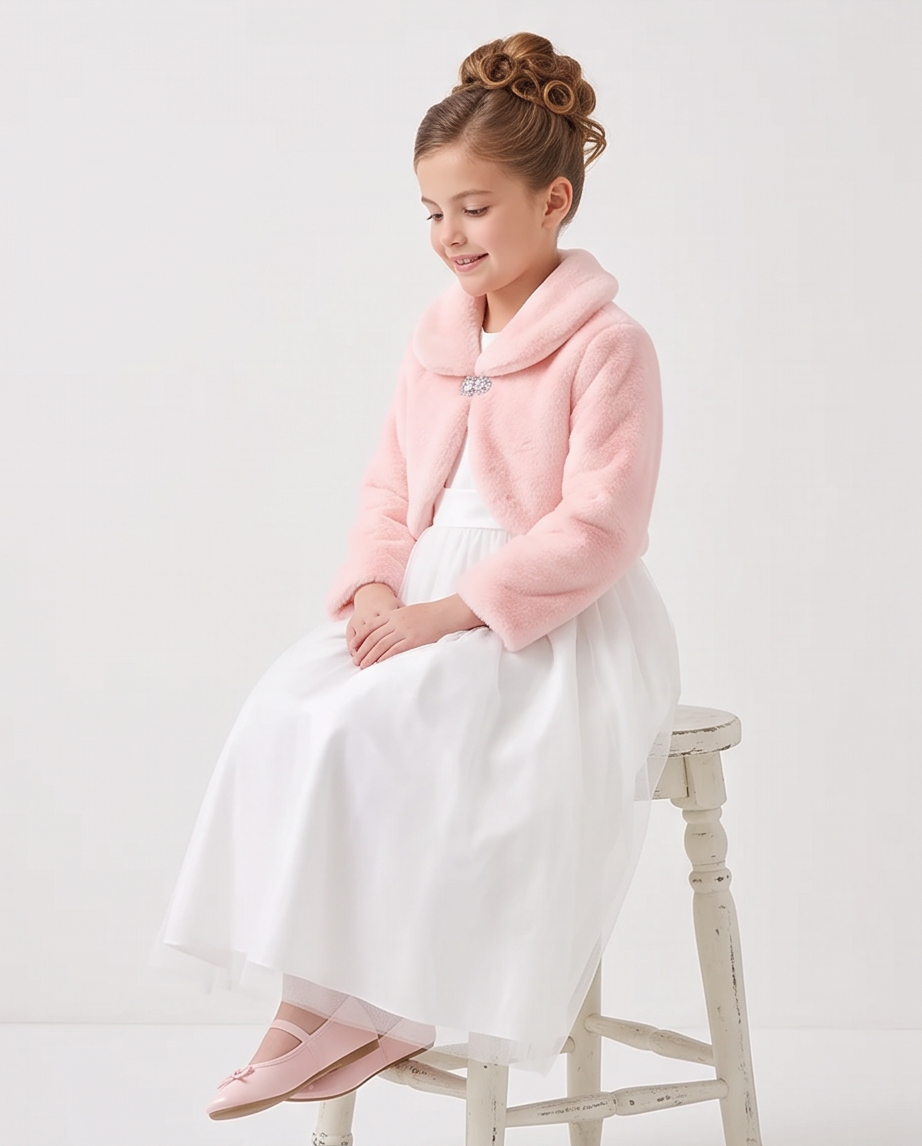 A young girl with her hair in rolls sits on a distressed white stool, wearing a light pink faux-fur collar jacket over a white dress and pink flats.