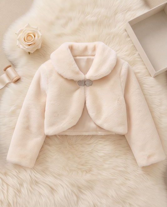 A cream-colored faux fur cropped jacket with a wide collar and a decorative silver heart-shaped brooch, laid flat on a white faux fur background with a rose and ribbon prop.